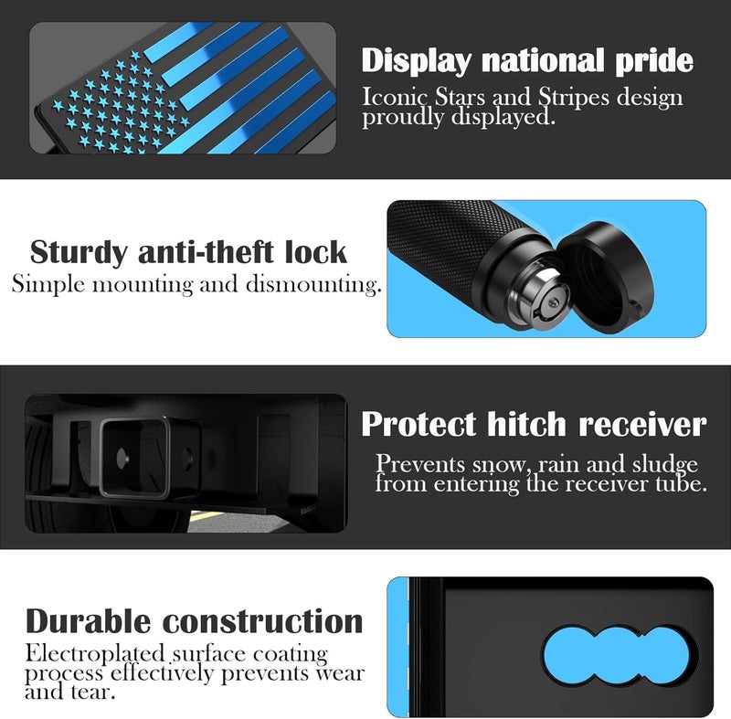 OGYE 2 Inch Trailer Hitch Cover with American Flag, Heavy Metal Trailer Hitch Cover Fit for 2 Inch Hitch Receivers (with 5/8" Pin Dia Anti-Theft Trailer Hitch Lock),3 * 5" Blue - Image 3